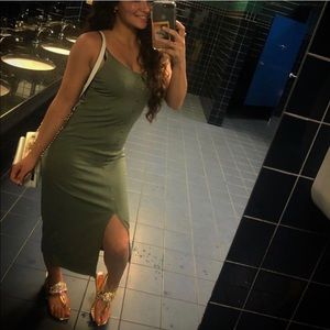 Army green button down dress with slit in middle